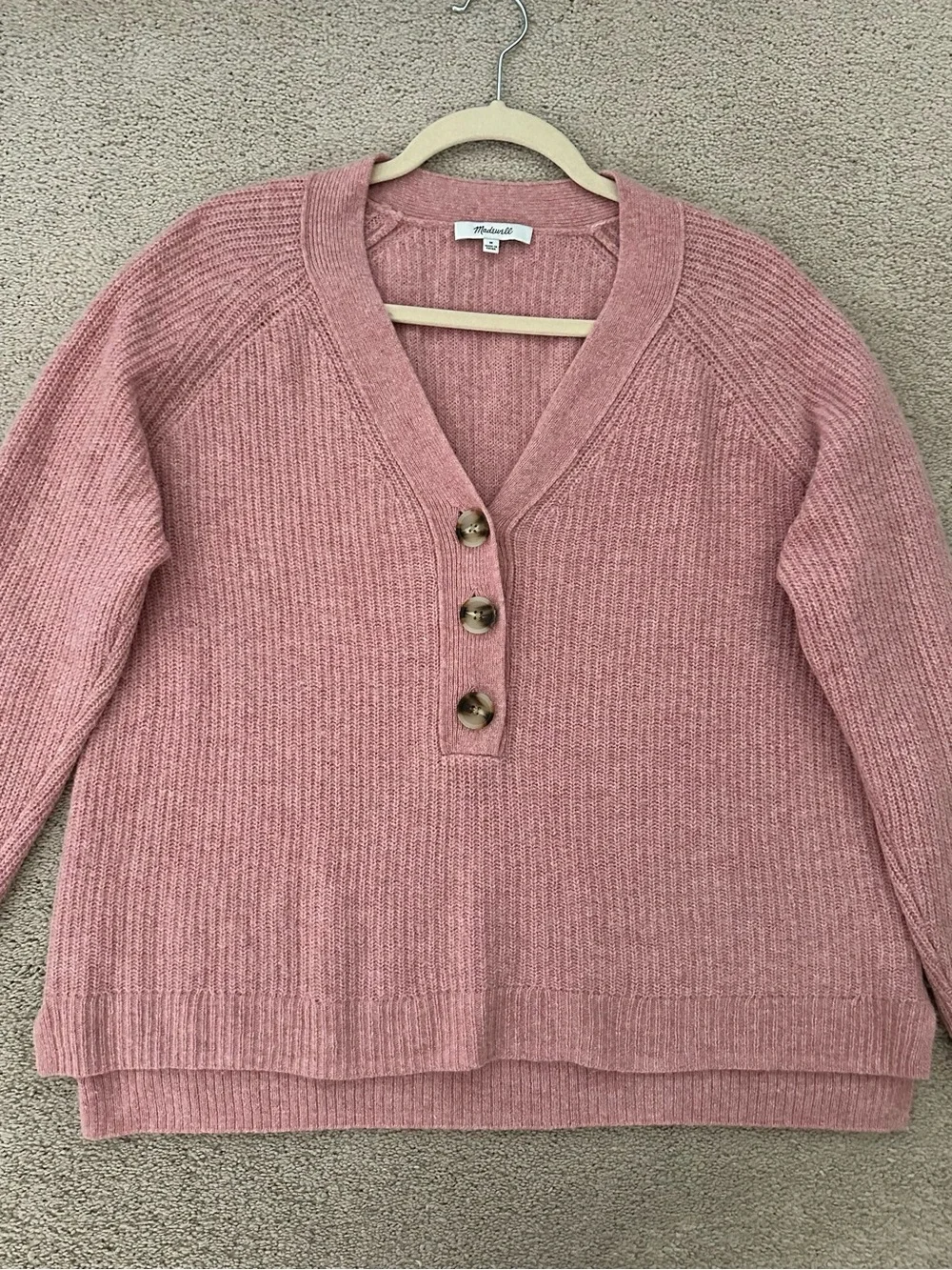 Madewell Merino Wool Pink V-Neck Button Front Lyle Rib Henley Pullover Sweater